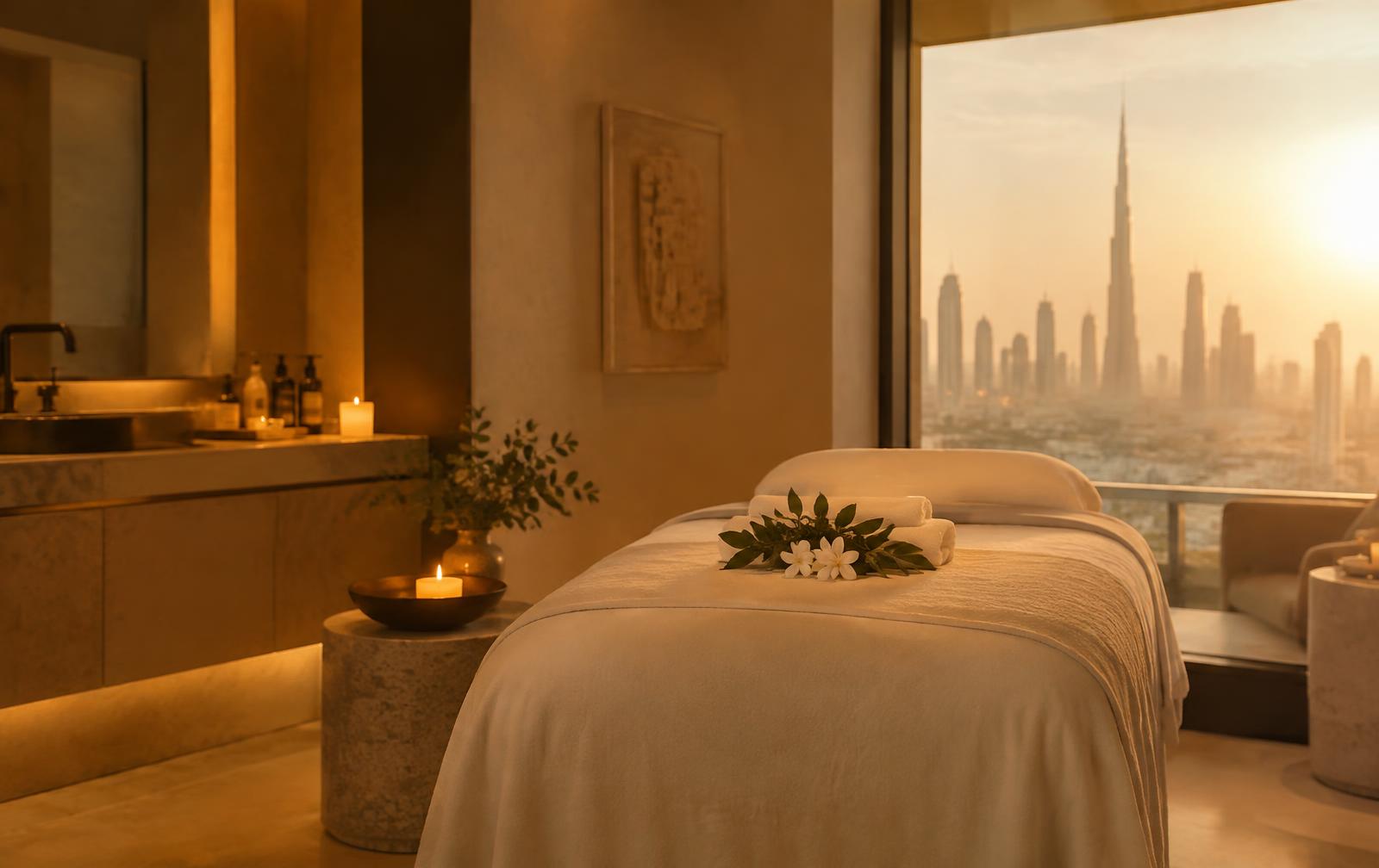 Candlelit massage suite with Burj Khalifa view at Jasmine Massage Services, Business Bay Dubai