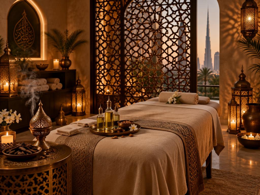 Arabic-style spa room with brass lanterns, oud incense and argan oils at Jasmine Massage Services Business Bay